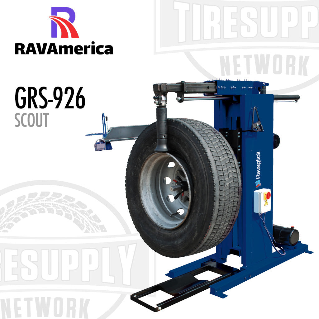 Tire changing machine with RAVAmerica branding on a white background