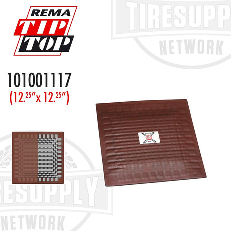 A brown Rema tire repair patch with a basket weave pattern, displayed alongside its packaging that indicates size 101001117 and specifies the product as uncured.