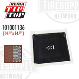 A black Rema Tire Supply clothback OTR-B CB 010 basket bias repair unit, displayed with dimensions 14.25" x 14. 101001136