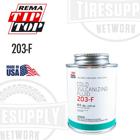 An 8 oz can of Rema Cold Vulcanizing Fluid Tire Repair Cement, model 203F, with the label and branding visible.