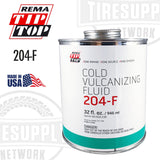 A 32 oz can of Rema Cold Vulcanizing Fluid Tire Repair Cement, model 204F, with a white body and green label, marked as made in USA.