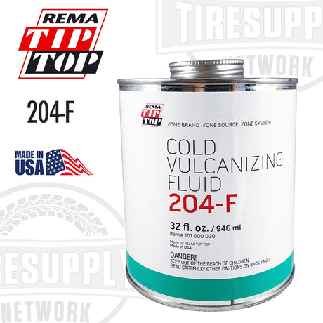 A 32 oz can of Rema Cold Vulcanizing Fluid Tire Repair Cement, model 204F, with a white body and green label, marked as made in USA.