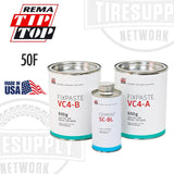 Three cans of REMA TIP TOP Vulcanizing Compound, with labels indicating the A and B parts of the compound and the special cement BL, all marked as made in USA.