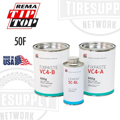 Three cans of REMA TIP TOP Vulcanizing Compound, with labels indicating the A and B parts of the compound and the special cement BL, all marked as made in USA.