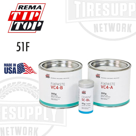 Image shows three containers of REMA TIP TOP Vulcanizing Compound, with labels indicating the product is for tire repair. The containers are marked as 300g and 40g sizes, and the product is noted to be made in the USA. 51F