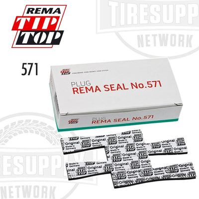 A box of Rema Seal No.571 tire plugs for truck tires, with individual plug packages displayed in front.