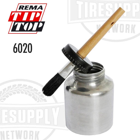 An aluminum 1-quart cement dispenser can with a lid and a brush attached to the lid, branded with Rema Tip Top 6020.