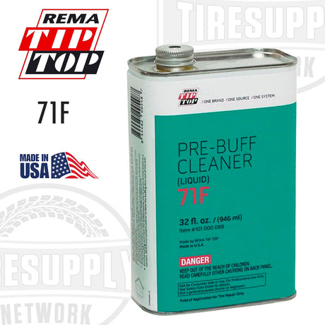A 32 oz metal can of Rema Tip Top Pre-Buff Cleaner with a green label, product information, and the American flag indicating it is made in the USA.