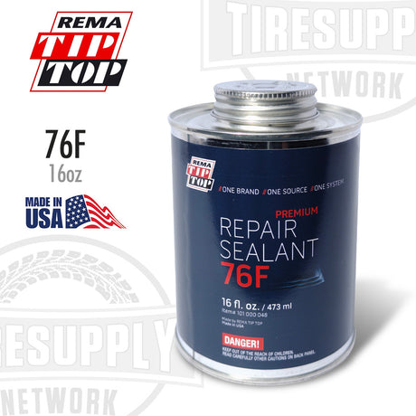 Can of REMA Tip Top repair sealant with branding and product details on a white background. 76F