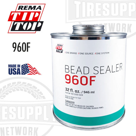 A 32 oz can of Rema Tip Top Bead Sealer 960F with a label featuring the brand name, product name, and 'Made in USA' flag.
