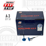 Box of REMA TIP TOP MINICOMBI A3 P tire plugs with two plugs in front on a white background. A-3
