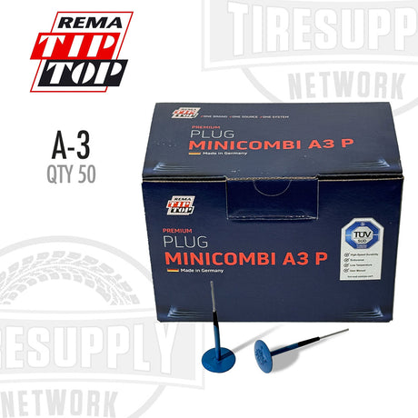 Box of REMA TIP TOP MINICOMBI A3 P tire plugs with two plugs in front on a white background. A-3
