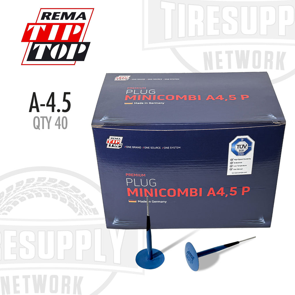 Blue tire iron with specifications on a white background, featuring REMA Tip Top and Tire Supply Network logos. A-4.5