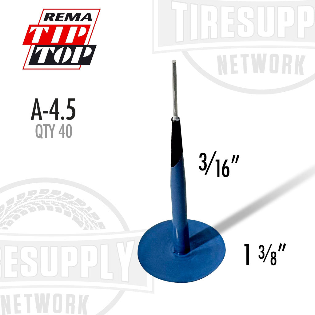 Blue tire iron with specifications on a white background, featuring REMA Tip Top and Tire Supply Network logos. A-4.5
