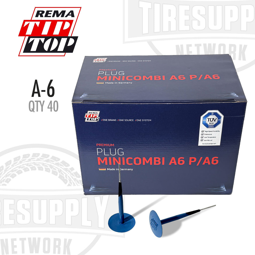 Box of REMA TIP TOP MINICOMBI A6 P/A6 plugs with branding and product details. A-6. A6