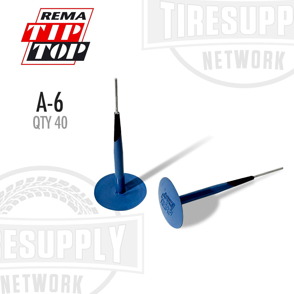 Blue tire pressure monitoring system (TPMS) sensors with REMA Tip Top and TIRESUPPLY Network branding on a white background. A-6. A6