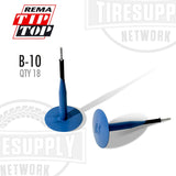 Blue tire pressure monitoring system (TPMS) sensors with REMA Tip Top branding on a white background. B-10. B10