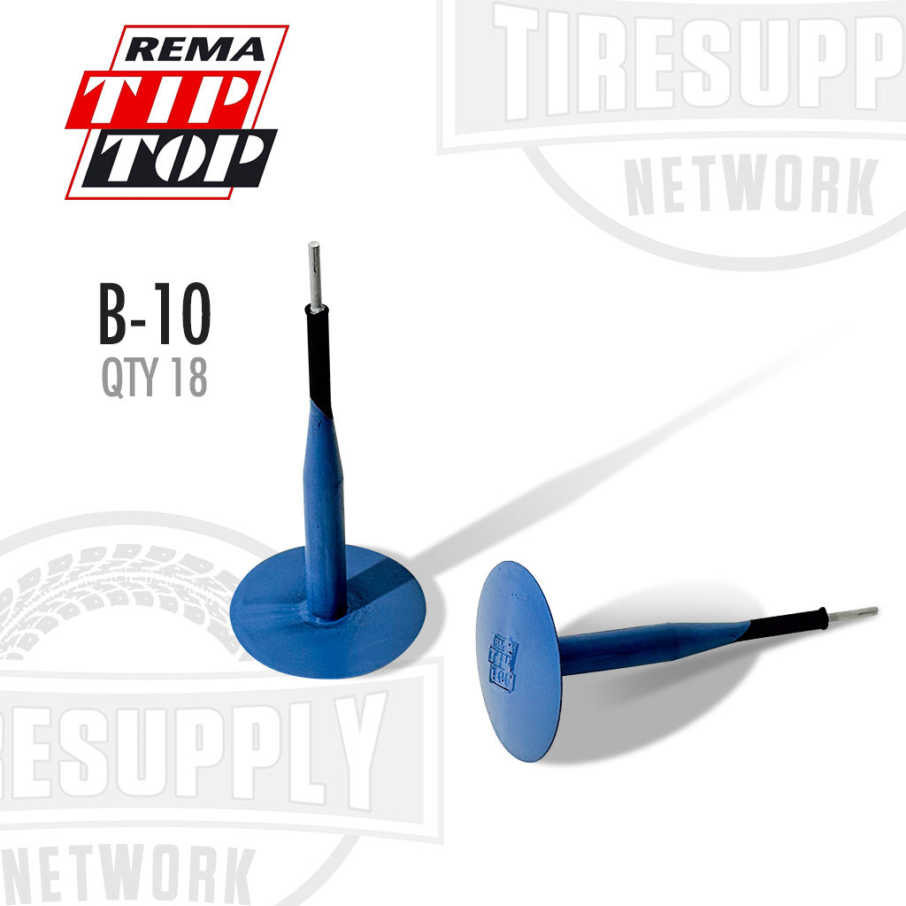 Blue tire pressure monitoring system (TPMS) sensors with REMA Tip Top branding on a white background. B-10. B10
