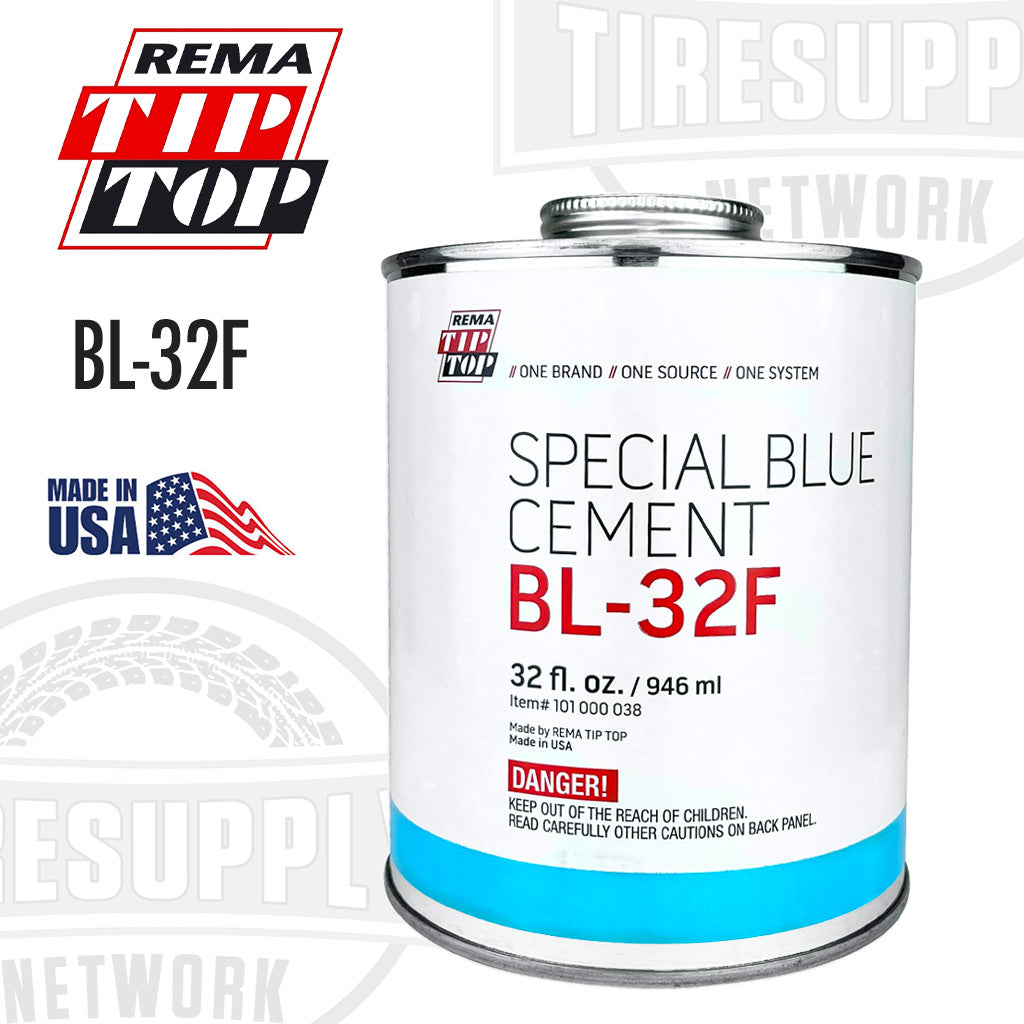 A 32 oz can of Rema Tip Top Special Blue Tire Repair Cement with a blue and white label, marked as flammable and made in the USA.