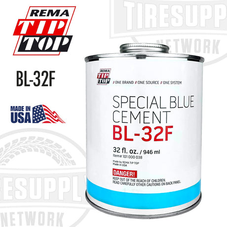 A 32 oz can of Rema Tip Top Special Blue Tire Repair Cement with a blue and white label, marked as flammable and made in the USA.