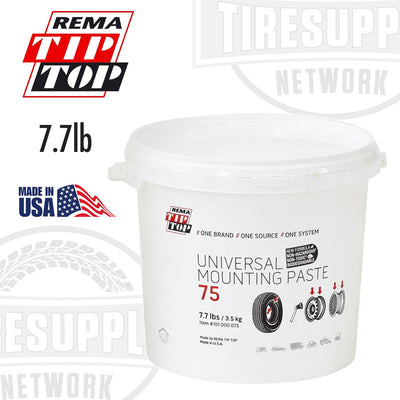 A 7.7 lb white bucket of Rema Tip Top Universal Mounting Paste, with product details and branding on the label.