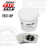 A white container labeled 'FRU1-MP' with the 'REMA TIP-TOP' brand logo, alongside a pack of black tire repair patches.