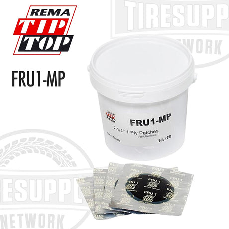 A white container labeled 'FRU1-MP' with the 'REMA TIP-TOP' brand logo, alongside a pack of black tire repair patches.
