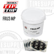 A white container labeled 'FRU2-MP' from Rema Tip Top, alongside multiple black tire repair patches packaged individually.