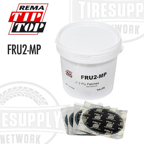 A white container labeled 'FRU2-MP' from Rema Tip Top, alongside multiple black tire repair patches packaged individually.