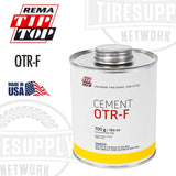 A 24 oz can of Rema OTR-F Cement, predominantly white with red and blue accents, labeled for tire repair, made in the USA.