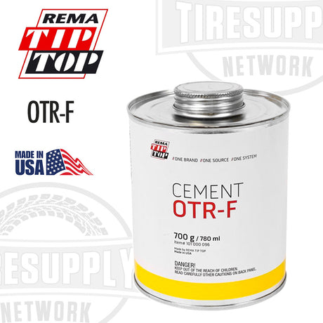 A 24 oz can of Rema OTR-F Cement, predominantly white with red and blue accents, labeled for tire repair, made in the USA.