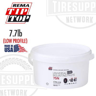A 7.7 lb bucket of Rema Tip Top 75N Low Profile Universal Mounting Paste, predominantly white in color with product details and branding visible.