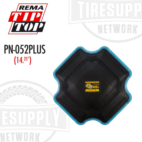 A black REMA TIP TOP bias repair unit for tires, with a blue border, size 14.25 inches, and 8 plies. PN-052PLUS