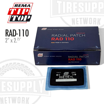 Box and patch of REMA TIP TOP Radial Patch RAD 110 on a white background with visible branding.