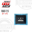 A Rema radial tire patch repair unit, model RAD-115, displayed on a white background, indicating a size of 3.5 inches by 3 inches. RAD-115