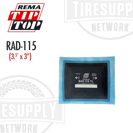 A Rema radial tire patch repair unit, model RAD-115, displayed on a white background, indicating a size of 3.5 inches by 3 inches. RAD-115
