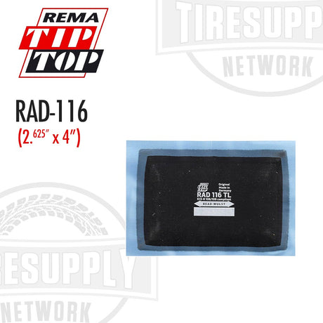A black rectangular radial tire patch repair unit with product details and branding from REMA TIP TOP. RAD-116