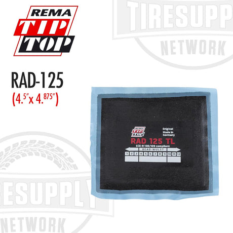 Packaging of Rema Radial Tire Patch Repair Unit RAD-125, displaying the product name and size, against a white background.