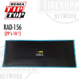 A black radial tire patch repair unit with a blue bonding layer, labeled 'REMA TIP TOP RAD-156 (29" x 10.5")' on a white background. RAD-156