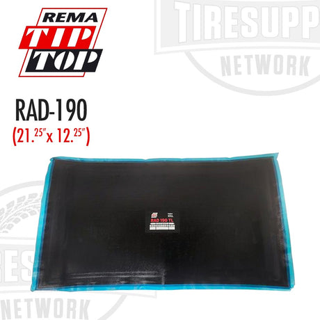 A black radial tire patch repair unit with a blue bonding layer around the edges, labeled 'REMA TIP TOP RAD-190' with dimensions '21.25" x 12.
