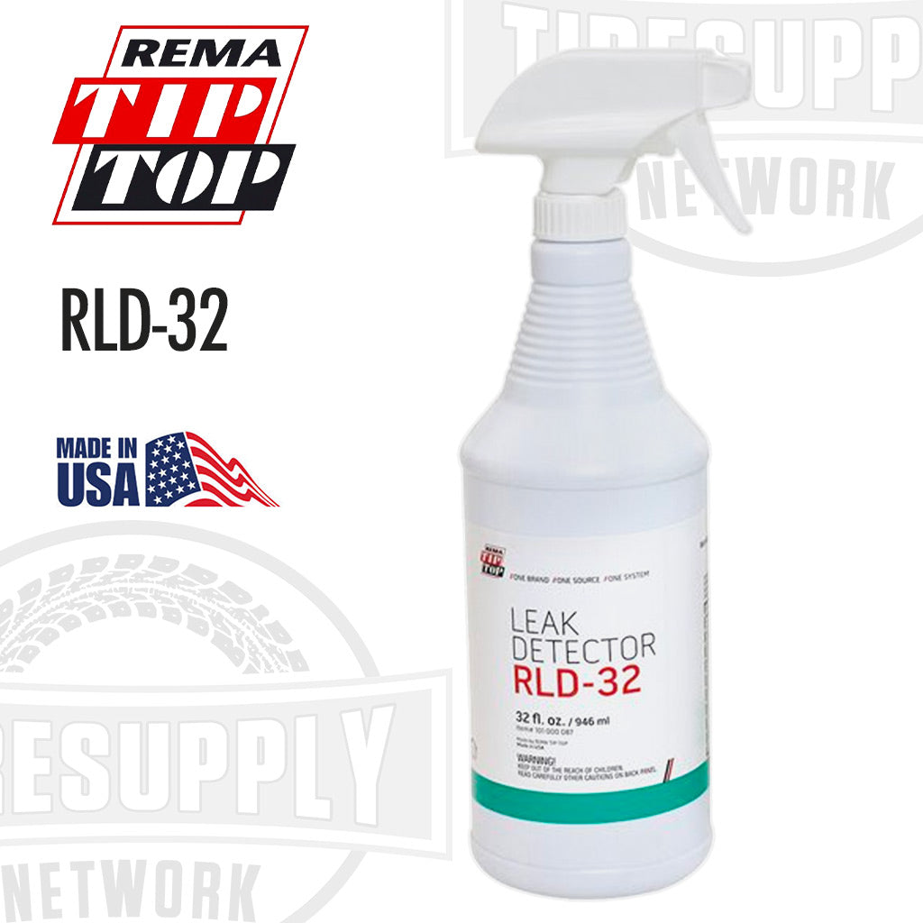 A 32 oz spray bottle of Rema Leak Detector RLD-32, primarily blue in color with product details, on a background featuring the Tip Top Tire Supply Network logo and an American flag.