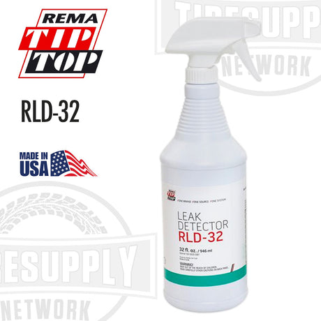 A 32 oz spray bottle of Rema Leak Detector RLD-32, primarily blue in color with product details, on a background featuring the Tip Top Tire Supply Network logo and an American flag.