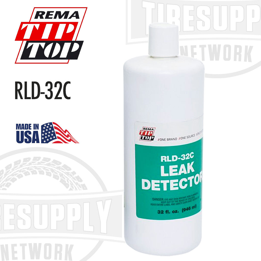 A bottle of Rema Tip Top Leak Detector 32 oz Concentrate with branding and product information on the label.