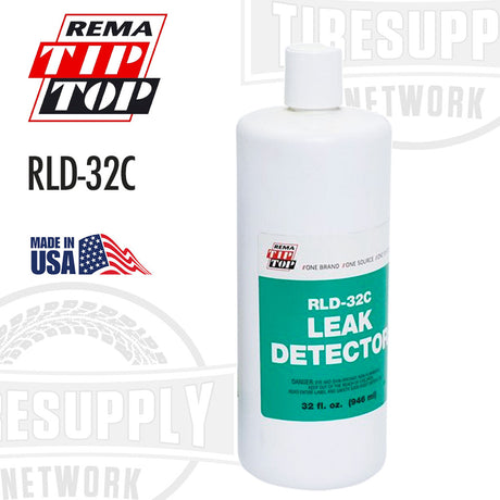 A bottle of Rema Tip Top Leak Detector 32 oz Concentrate with branding and product information on the label.