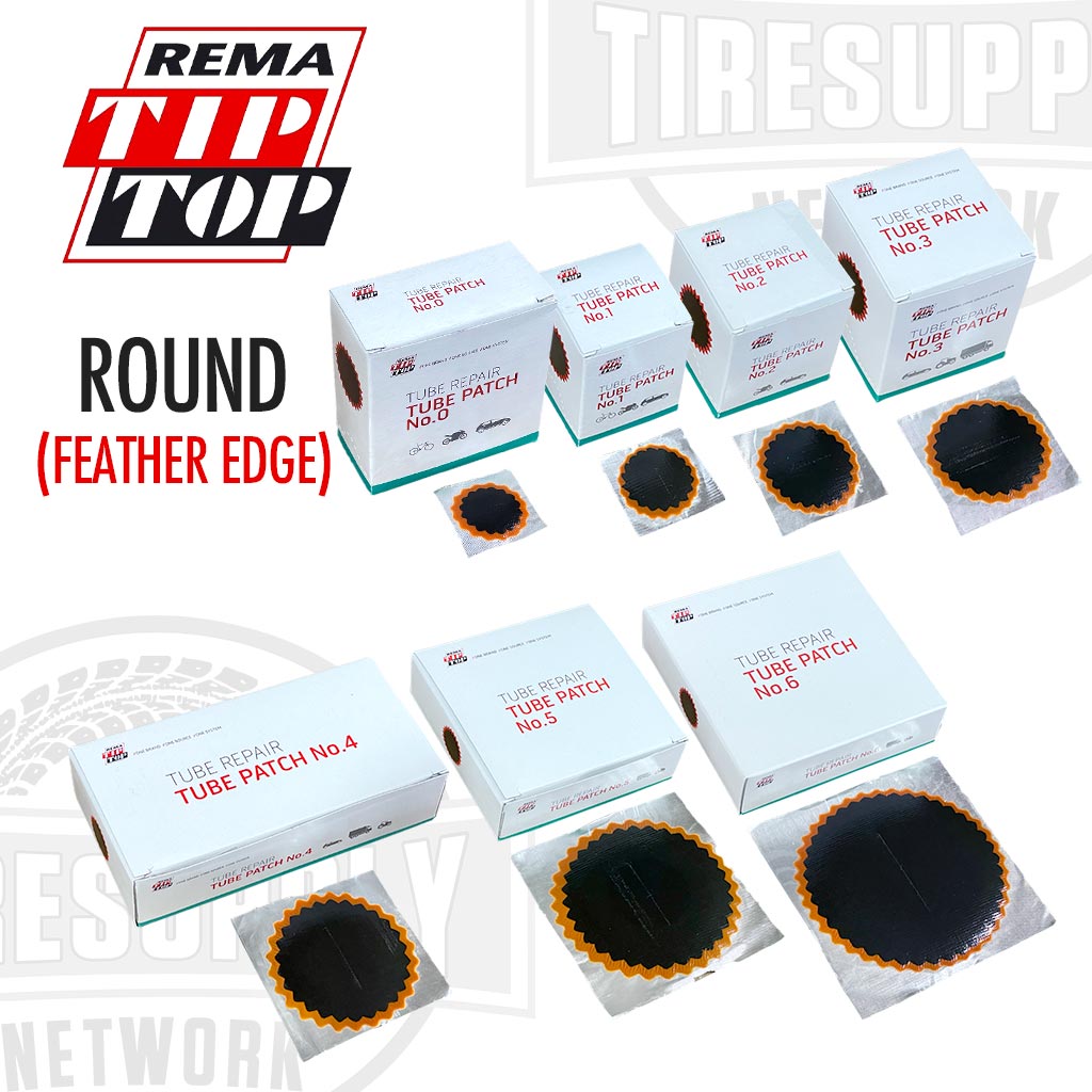 Boxes and round red feather edge vulcanizing tube patch repairs by Rema, displayed on a white background.