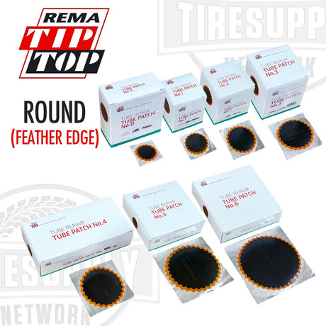 Boxes and round red feather edge vulcanizing tube patch repairs by Rema, displayed on a white background.