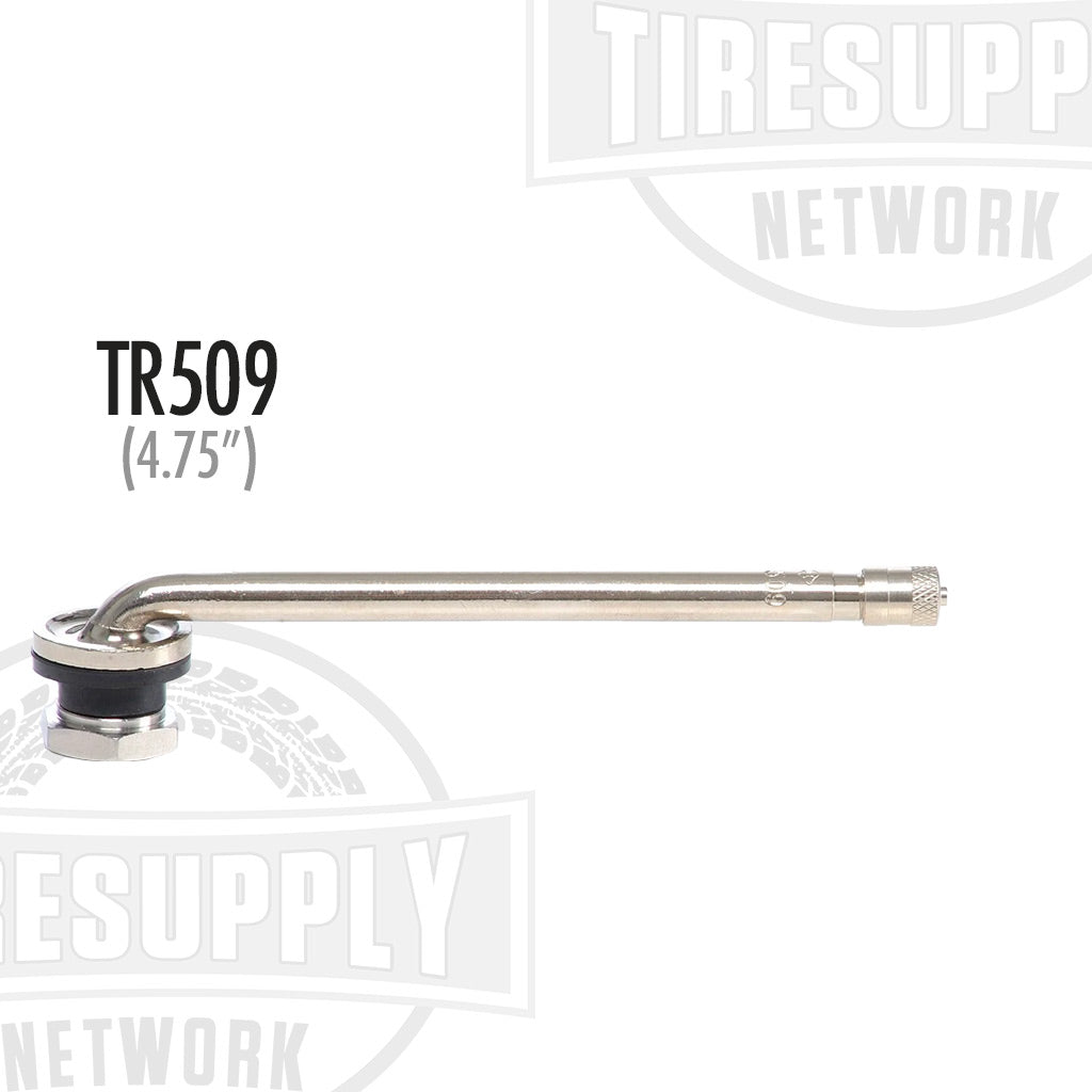 A silver-colored metal valve stem labeled 'TR509 (4.75")' for aluminum truck wheels.