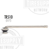 A silver-colored metal valve stem labeled TR510 used for aluminum truck wheels, displayed against a white background with the text 'Tiresupply Network'.