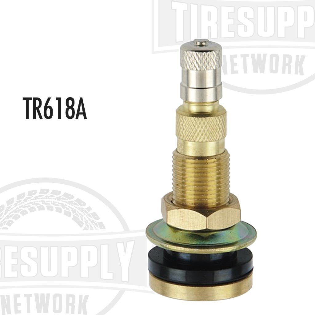 A gold-colored metal tractor valve stem with a black rubber washer and a brass nut.