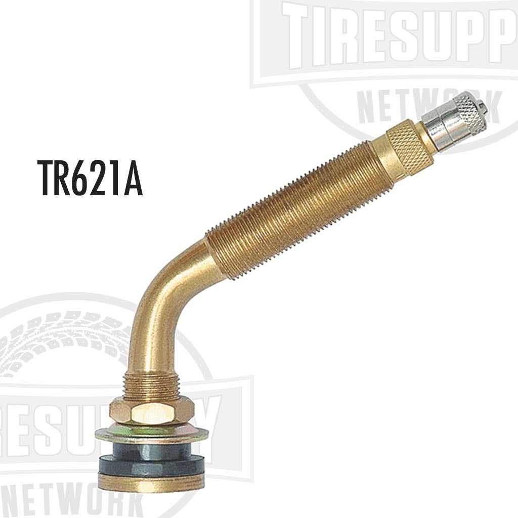 A gold-colored metal air liquid valve stem with a bend at 65 degrees, labeled TR621A, against a white background.